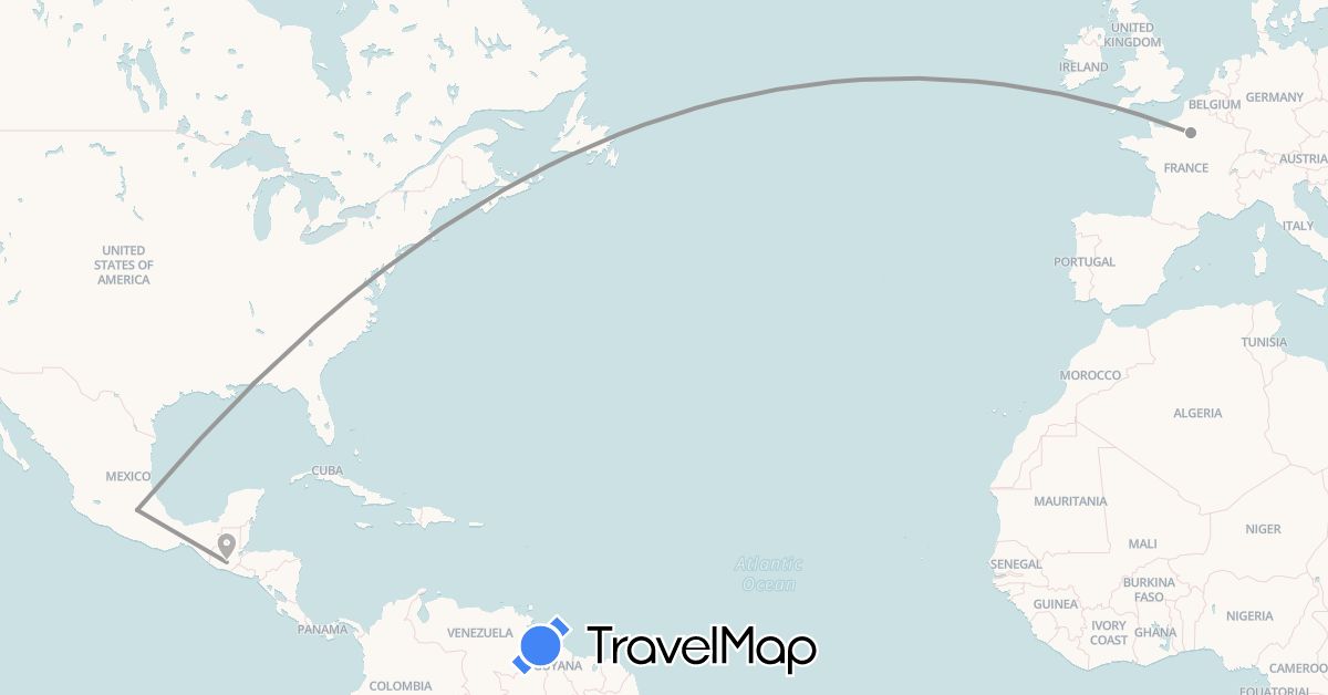 TravelMap itinerary: driving, plane in France, Guatemala, Mexico (Europe, North America)